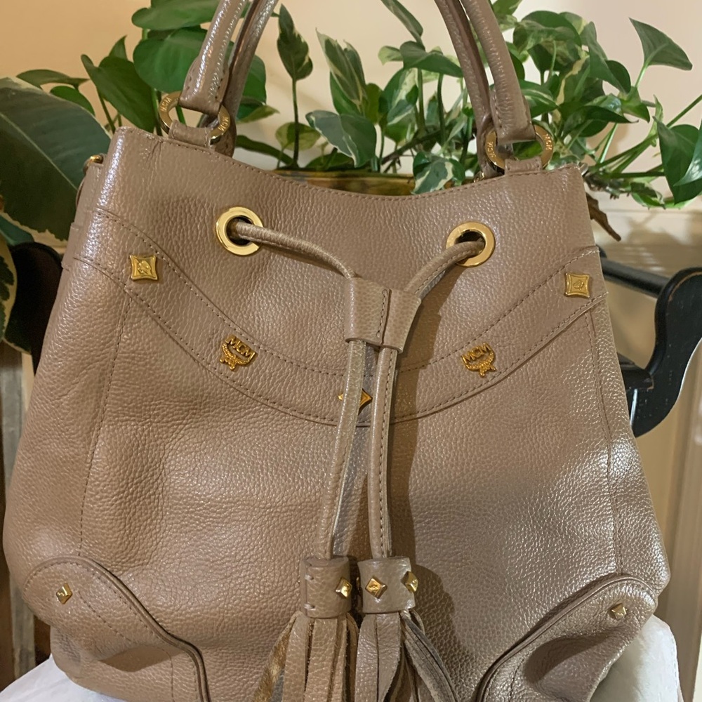 MCM Tan Leather Shoulder Bag with Gold Accents